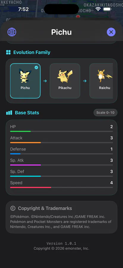 Manhole Quest evolution family and base stats screen